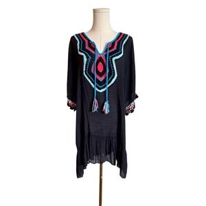 Jessica Taylor NYC Black Crochet Trim Tunic Dress Boho Tassel Cover Up Womens